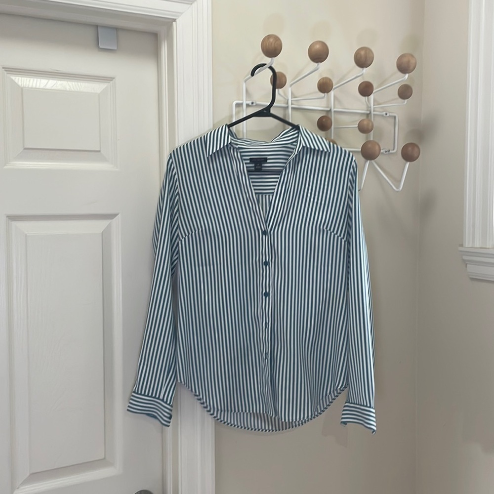 Ann Taylor - Casual Button Down Shirt - Striped Top - White Green - XS